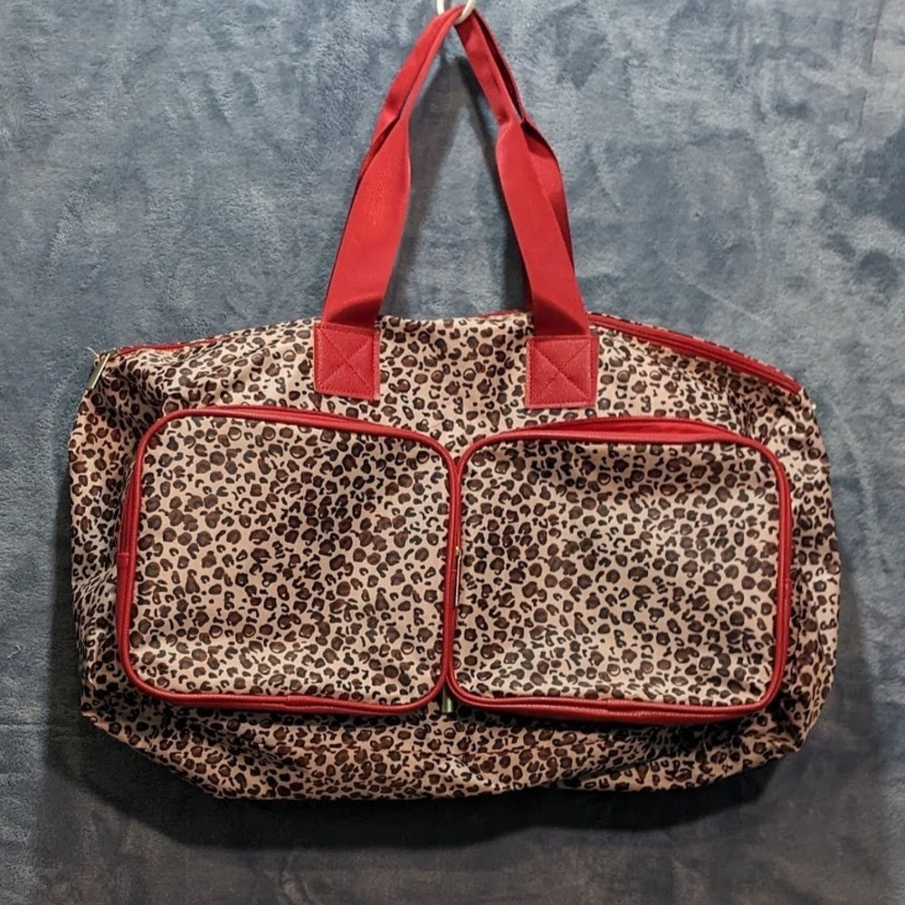 Leopard Print Duffle Bag Red Trim Weekend Travel Gym Tote Carry On Bag